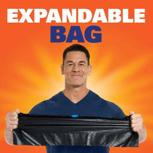 Expandable black trash bag held open with Expandable Bag text