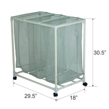 Rolling mesh laundry sorter cart with three bins and caster wheels, with size diagram