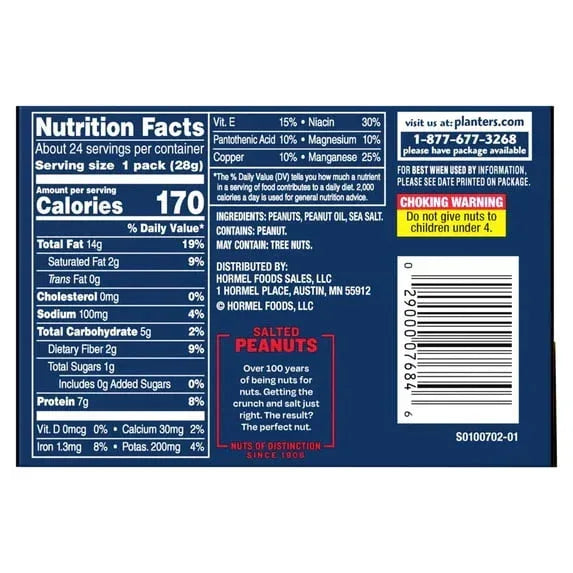 Planters Salted Peanuts, 24 ct Box, 1 oz Packs