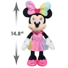 Minnie Mouse plush with rainbow bow, pink heart dress, and white gloves, 14.8 in