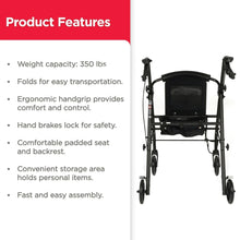 Black rollator walker with padded seat and backrest, folding frame