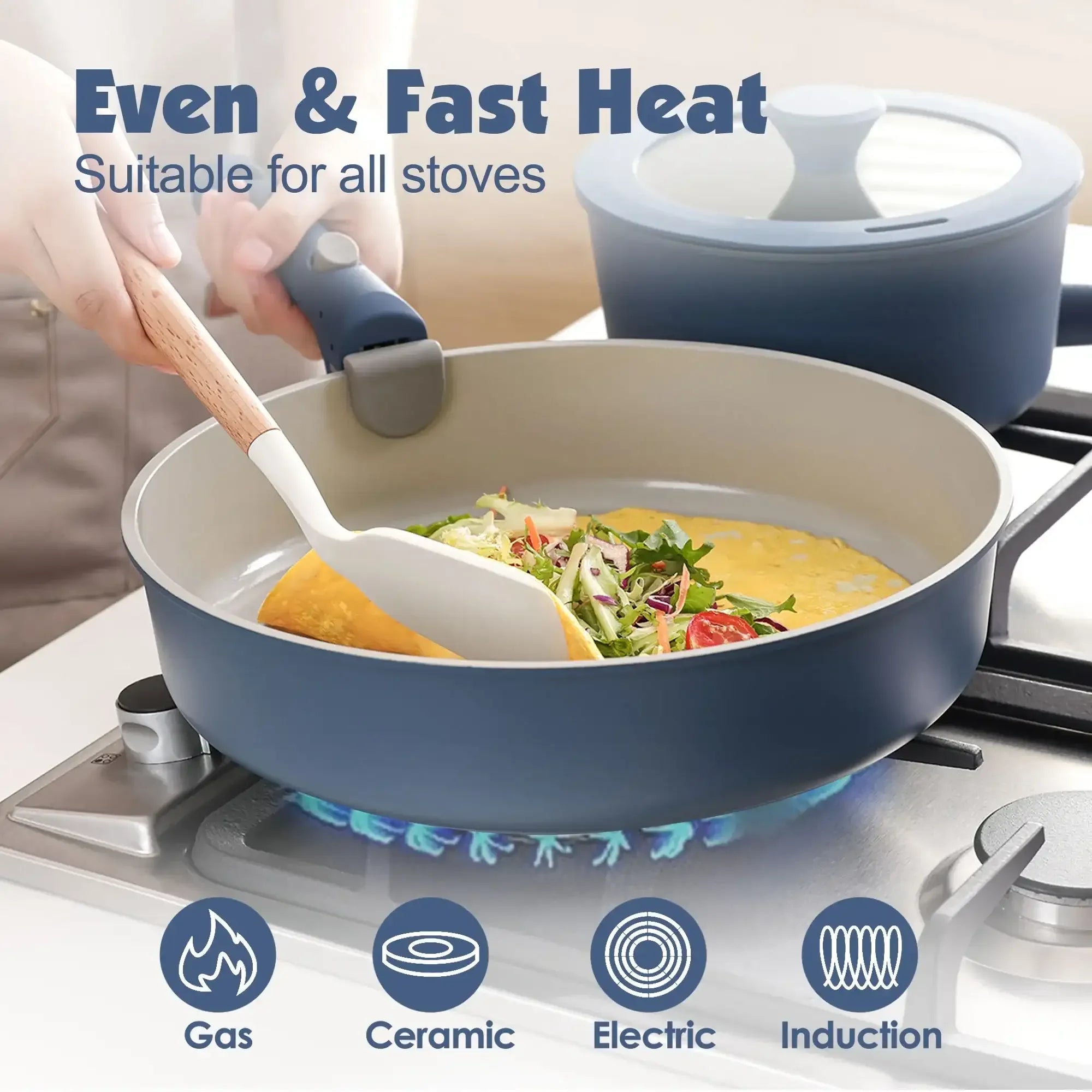 SENSARTE Ceramic Nonstick Pots and Pans Set with Detachable Handle, 18Pcs Induction Kitchen Cookware Sets Stackable, Dishwasher/Oven Safe(Navy Blue) - USA MEGA SHOP