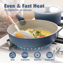 Blue ceramic frying pan on a stovetop with food inside, using a detachable handle.