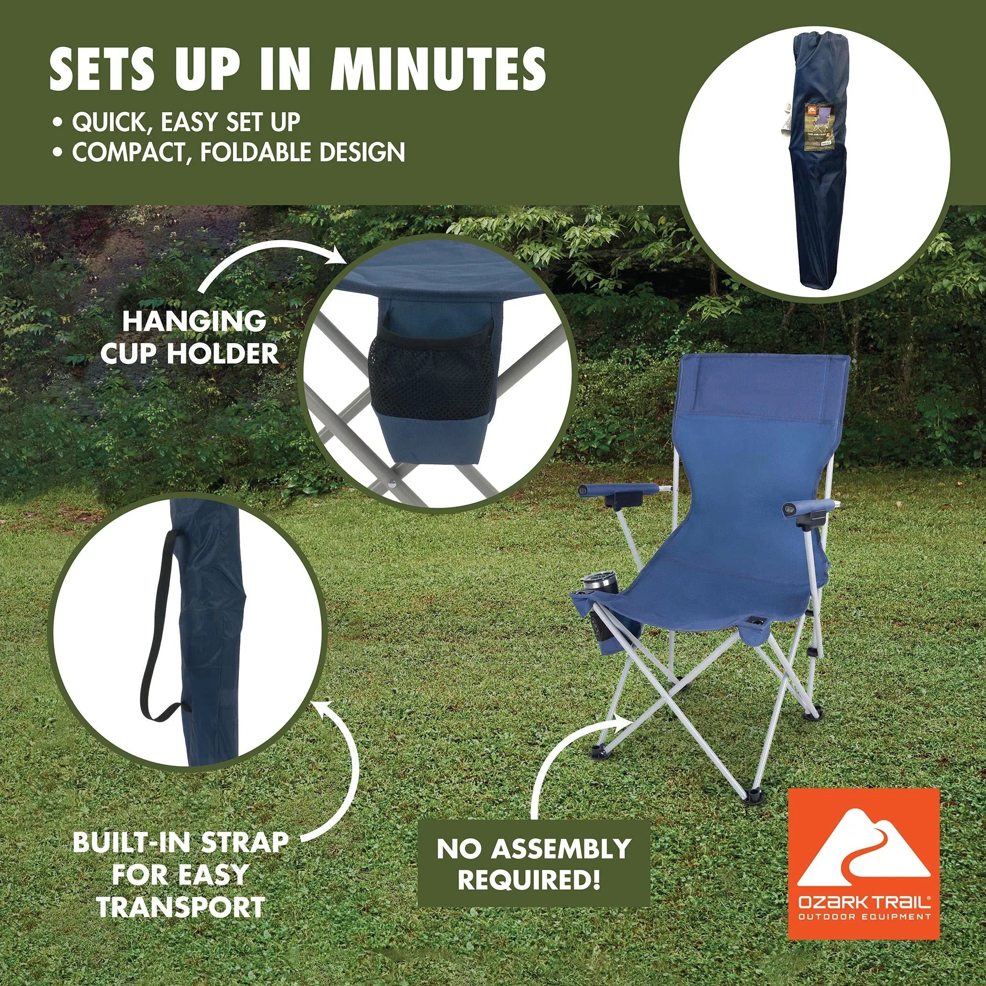 Ozark Trail Hard Arm Camping Chair with Durable Polyester Seat and Steel Frame, Portable with Cup Holder - USA MEGA SHOP