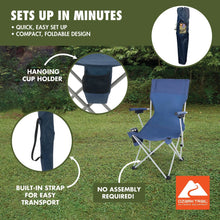 Blue folding camping chair with hanging cup holder and built-in carry strap