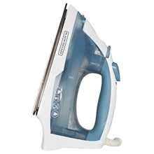 Side view of a blue steam iron with clear water tank window