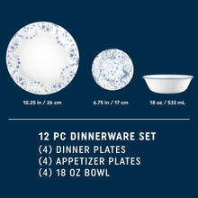 12-piece glass dinnerware set for 4, blue floral plates and bowl icons