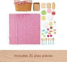 Wicker picnic basket with checkered cloth and wooden pretend food accessories, 31 pcs