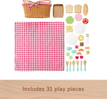 Picnic play set with checkered cloth and assorted wooden food pieces and utensils