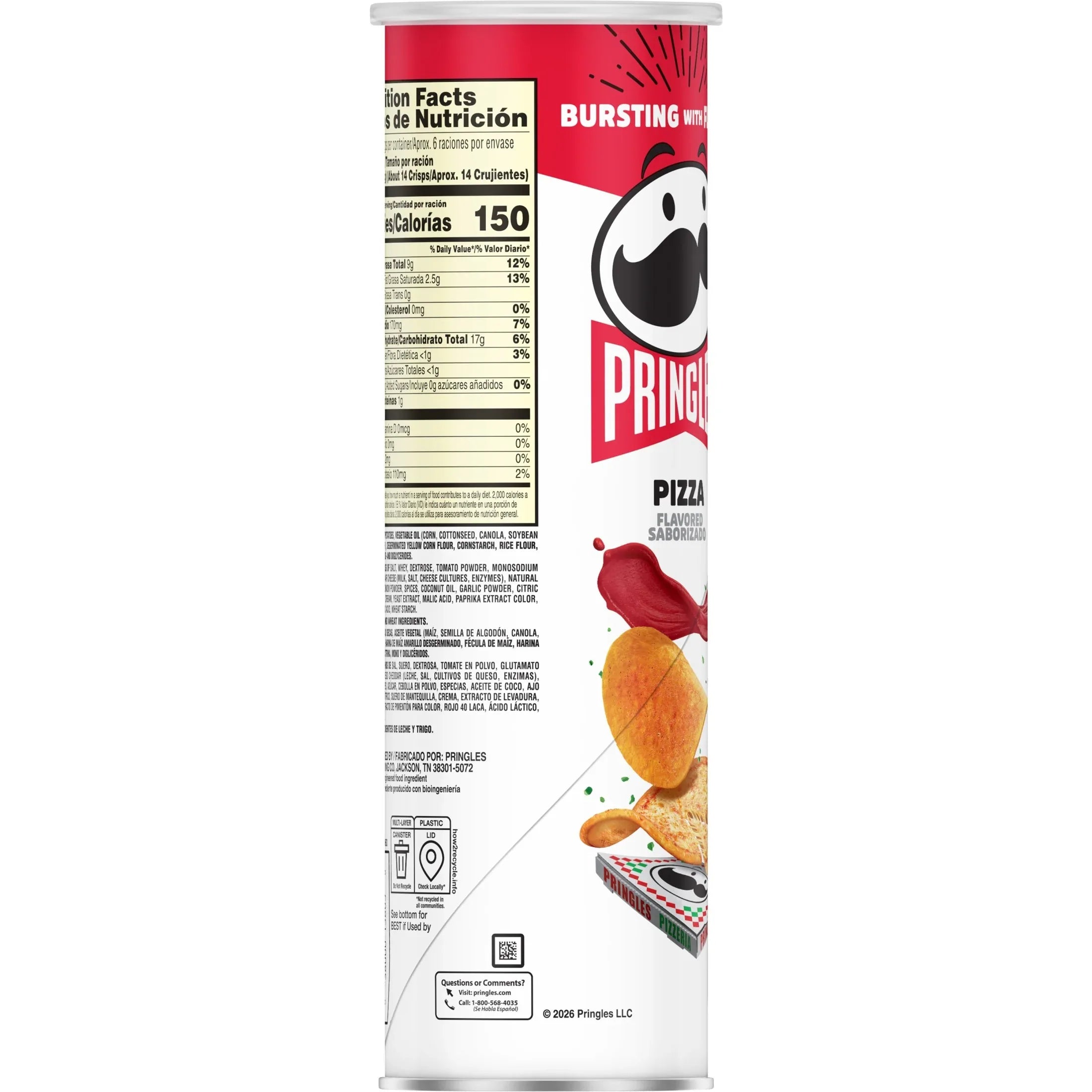 Pringles Pizza Potato Crisps Chips, Lunch Snacks, 5.5 oz Canister
