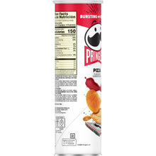 Pizza-flavored potato crisps canister back with Nutrition Facts and ingredients list