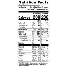 Nutrition Facts panel for couscous mix with calories and nutrients