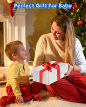 Baby gift box with white packaging and red ribbon, unboxing a toddler toy