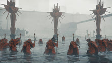 PS5 action game screenshot of armored figures standing in shallow water