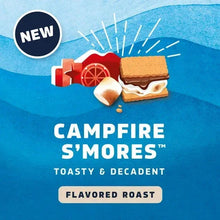 Ground coffee bag label, Campfire S’mores flavored roast with “New” badge