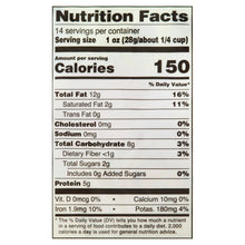 Nutrition Facts label for cashews, showing 150 calories per serving