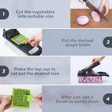 Vegetable chopper shown with blade insert and press top cap, plus cleaning brush