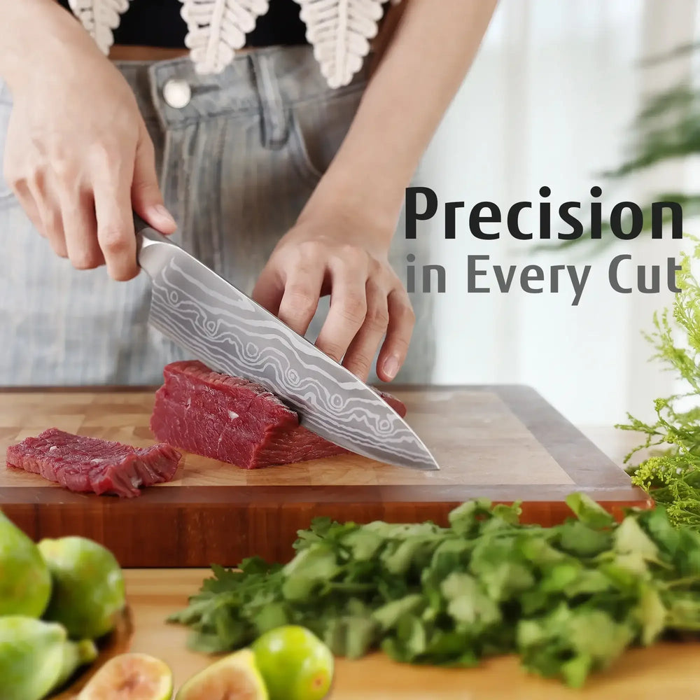 Hecef 8-Inch Chef Knife with Japanese Damascus Pattern and Ergonomic Wood Handle - USA MEGA SHOP