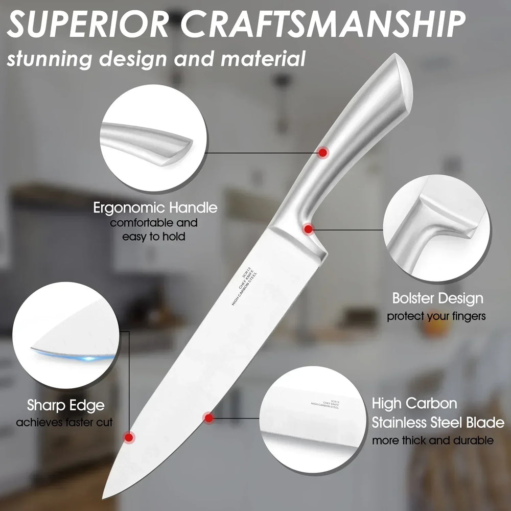 Walchoice 15 Pieces Knife Set with Block, High Carbon Stainless Steel Kitchen Knife Set with Sharpener, Rust Resistant & Dishwasher Safe - USA MEGA SHOP