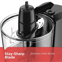 BLACK+DECKER food chopper with stainless blade assembly inside clear bowl