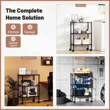 Black 3-tier wire shelving unit shown in kitchen and garage storage scenes