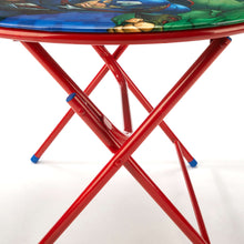 Red table underside with folding X-legs and blue edge detail