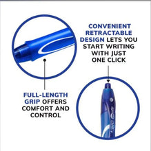Retractable gel pen with blue barrel and full-length comfort grip.