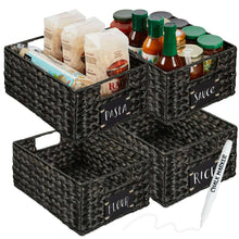 Woven water hyacinth pantry basket set with chalkboard labels, dark finish