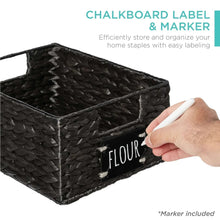 Woven dark pantry basket with chalkboard label and white marker writing FLOUR