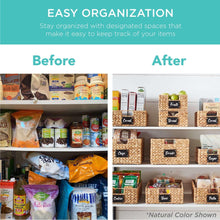 Woven pantry storage baskets with labeled compartments in natural color