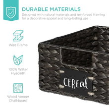Woven dark pantry basket with chalkboard label reading CEREAL