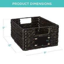 Woven dark pantry basket with open top, cutout handle, size diagram
