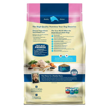 Blue Buffalo dry dog food pouch back panel with nutrition and ingredient information