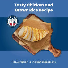 Tasty chicken and brown rice recipe graphic with sliced chicken illustration