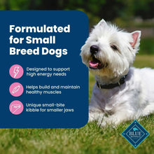 Small breed dog food formula graphic with small white dog and feature icons