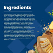 Blue Buffalo dry dog food ingredients panel with list and kibble illustration