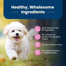 Healthy, wholesome ingredients panel with small white dog and ingredient icons