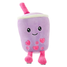 Purple boba plush with smiling face, pink heart pattern and raised stirrer