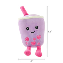 Purple boba plush with cute face, pink hearts, and pink arms and legs