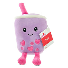 Purple boba plush with heart face and gift tag on side