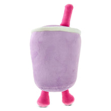 Purple boba plush with pink arms and legs, cream rim on top