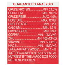 Dry dog food guaranteed analysis panel with protein, fat, fiber, calcium
