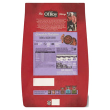 Dry dog food bag back panel with nutrition and feeding info