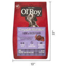 Dry dog food bag front with T-bone & bacon label and size marking