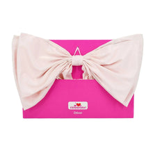 Pink satin bow with ribbon streamers on gift decor panel