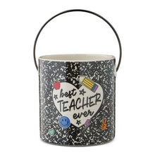 Ceramic teacher pail with black speckled pattern and colorful 'best teacher ever' graphic