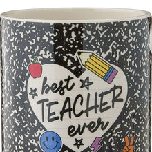 Ceramic teacher pail close-up with 'best teacher ever' text and colorful school icons