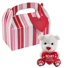 Striped gift box with handles and heart-tag, plus white plush bear holding red sign