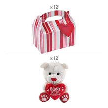 Set of 12 striped gift boxes with red heart tag and white plush Valentine bear
