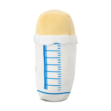 Butter plush side view with blue measurement lines; white body and pale yellow cap